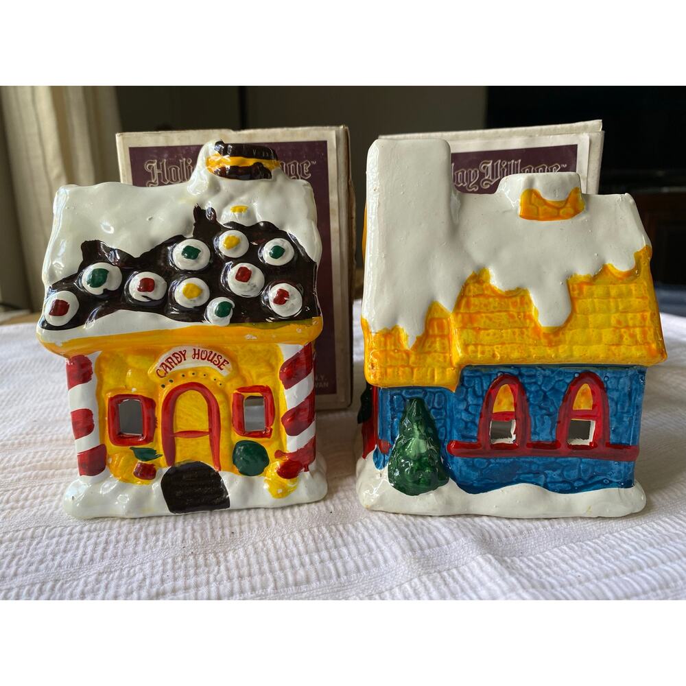 vintage Holiday Village Candy House candle holder JSNY hand-painted gingerbread